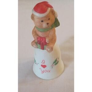 Vintage Small Ceramic Christmas Heart "I Love You" Bear Holiday Bell
